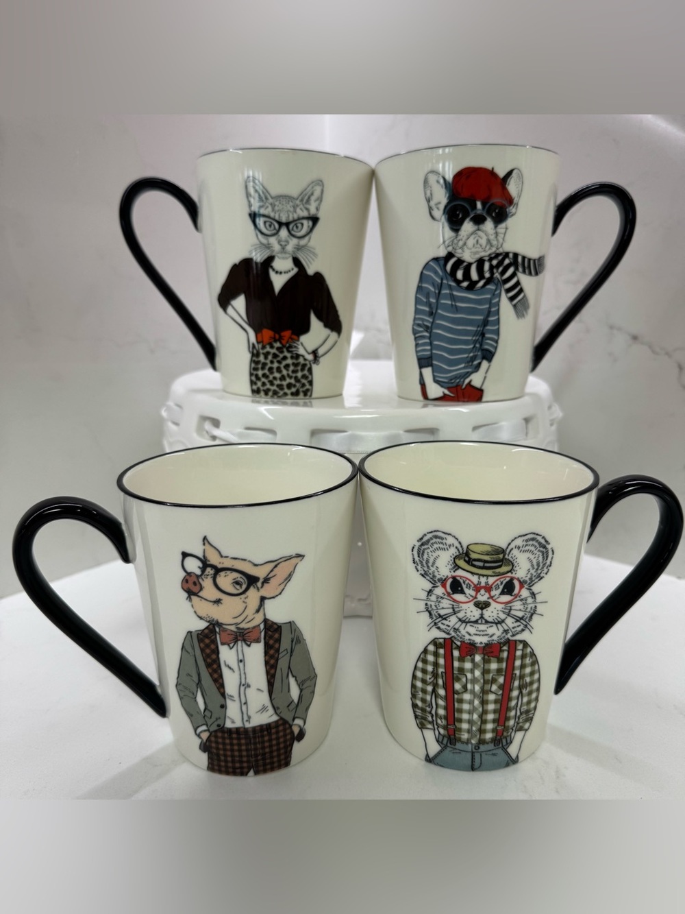Signature Housewares Animal Hipster Mug Set of 4 Stoneware Coffee Cups